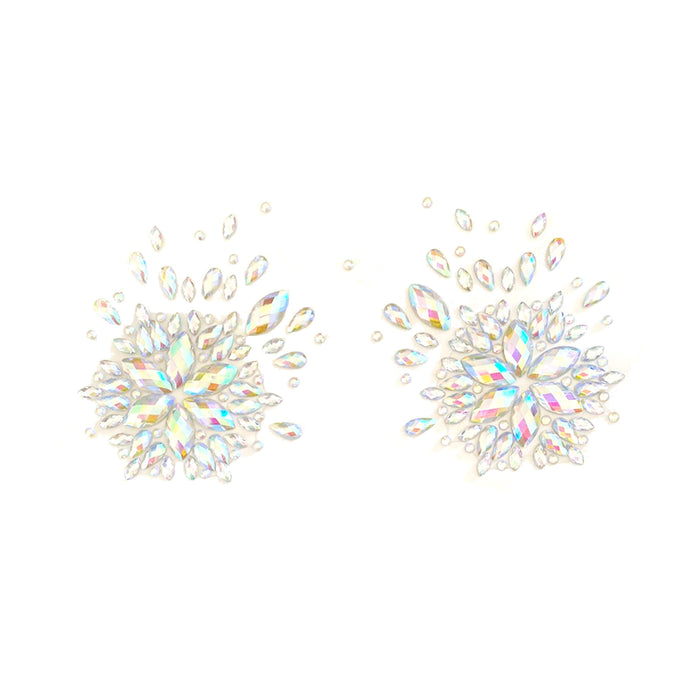Clear iridescent crystal snowflake nipple pasties shown on a clean background