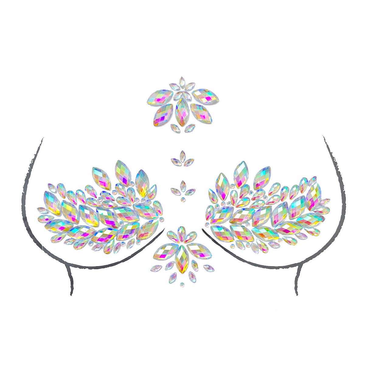 Front view of clear iridescent crystal leaf sticker crop top with the full design visible