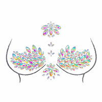 Front view of clear iridescent crystal leaf sticker crop top with the full design visible