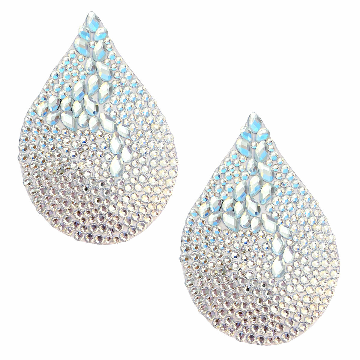 Iridescent crystal teardrop jewel nipple pasties shown on a clean background