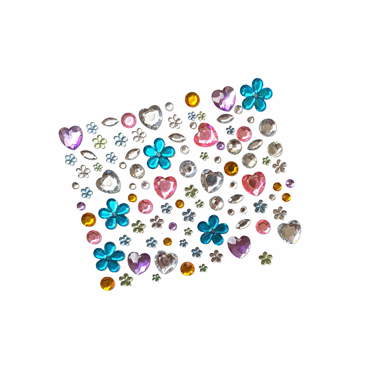 Pastel multicolor crystal face jewels shown on a clean background