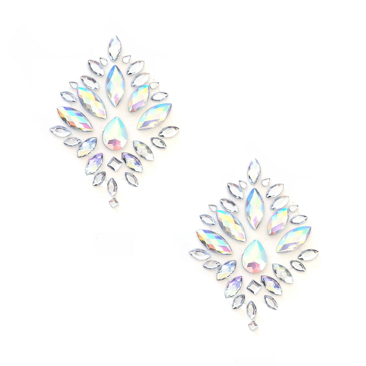 Iridescent crystal diamond shaped nipple pasties with rainbow sparkle, shown on their own