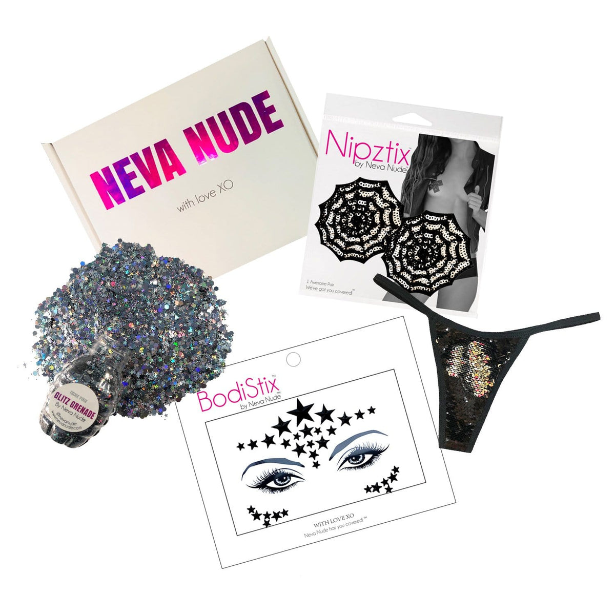 Black sequin spider web Halloween gift box with witchy lingerie shown on a clean background
