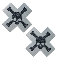 Black glitter reflective toxic X nipple pasties shown alone, with grey reflective accents