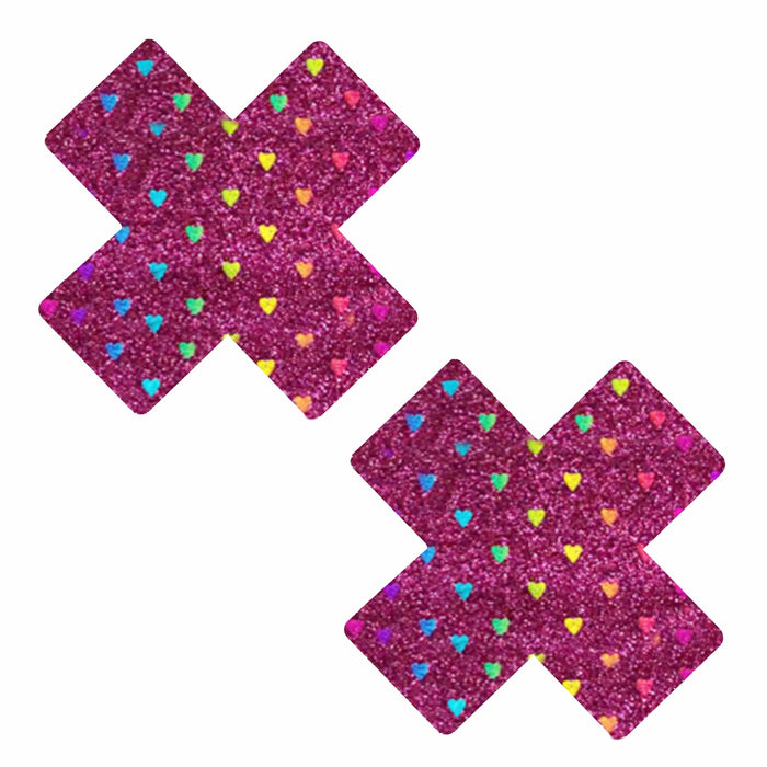Dark pink glitter X nipple pasties with rainbow hearts shown on a clean background