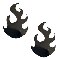 Black wet vinyl flame nipple pasties in glossy black wet look vinyl