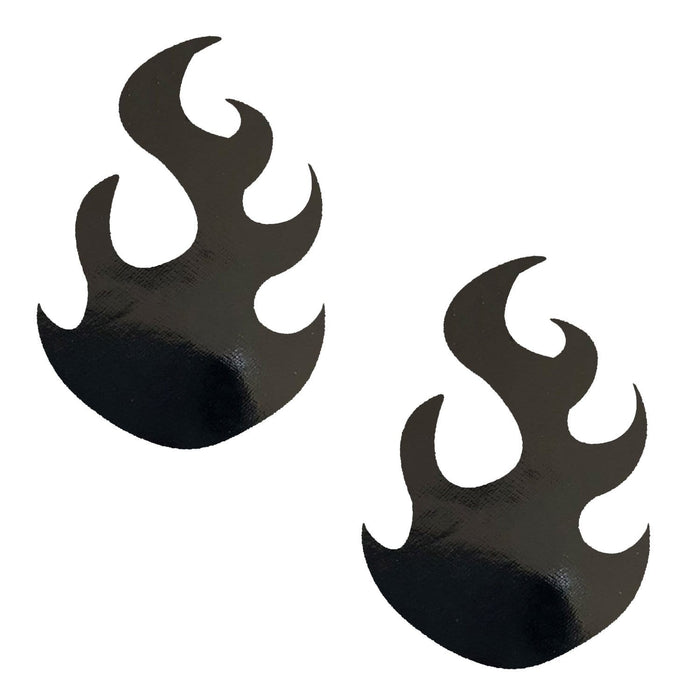 Black wet vinyl flame nipple pasties in glossy black wet look vinyl