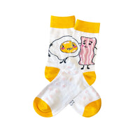 Eggs and bacon pattern on yellow cotton novelty socks, a fun brunch look