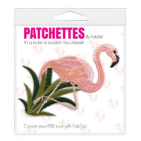 Front view of pink sequin flamingo iron on patch and sticker with the full design visible
