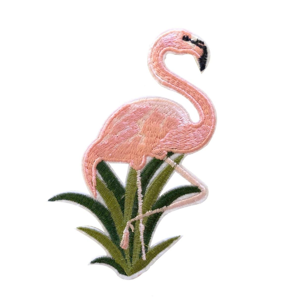 Pink sequin flamingo iron on patch and sticker shown on a clean background
