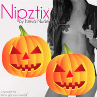 Product view of orange blacklight pumpkin nipple pasties highlighting the colorful printed design