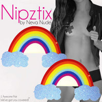Product view of rainbow glitter cloud nipple pasties highlighting the sparkling glitter finish