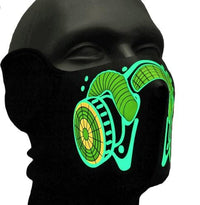 Black LED sound reactive light up face mask pictured alone against a plain backdrop