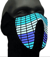 Product shot of black LED sound reactive light up face mask highlighting color and texture