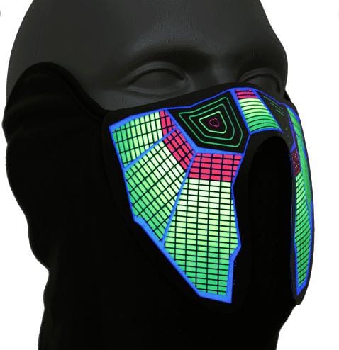 Black LED sound reactive light up face mask shown on a clean background