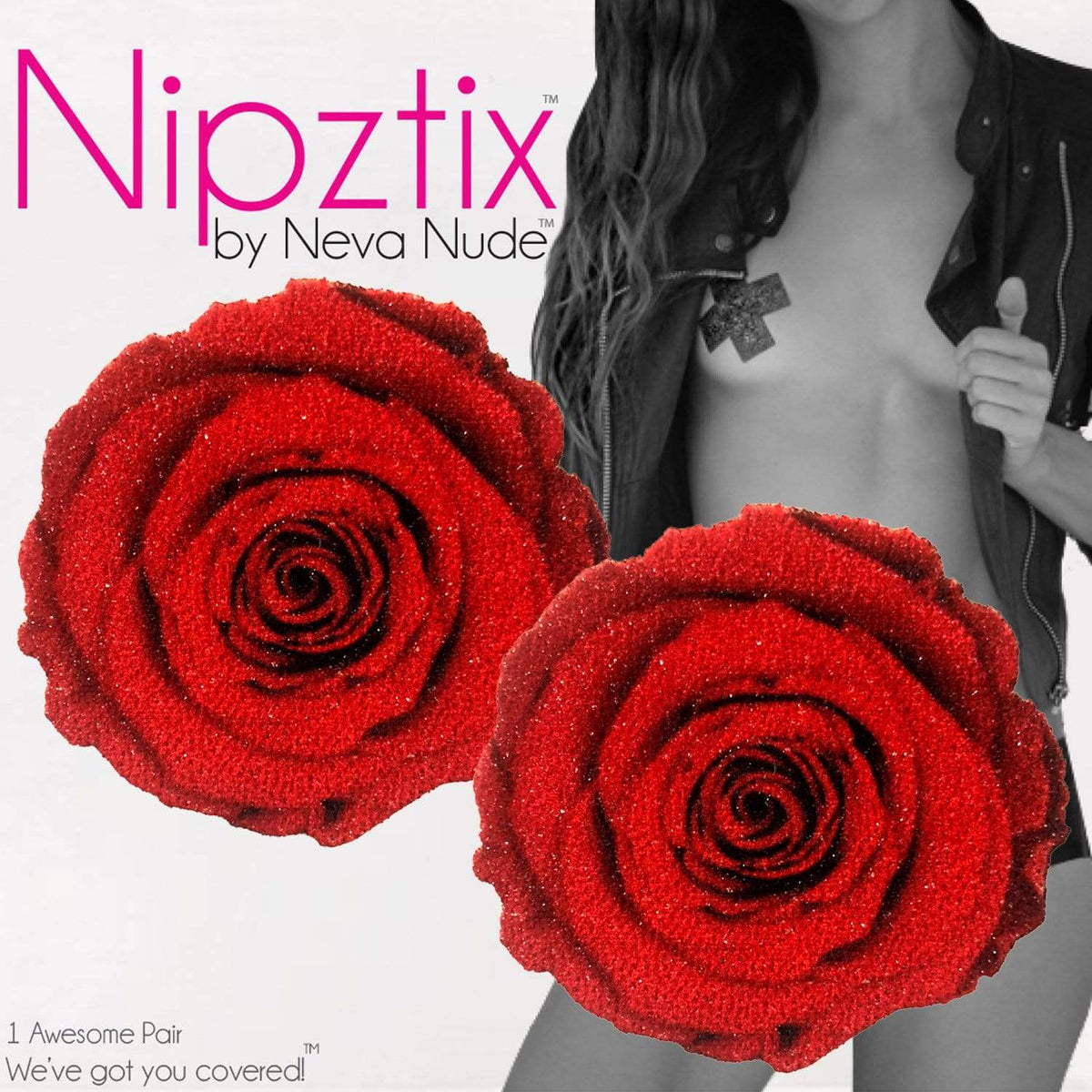 Sparkly red rose flower nipple covers with velvet petals, shown on their own