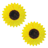 Yellow glitter velvet sunflower nipple pasties, shown on their own