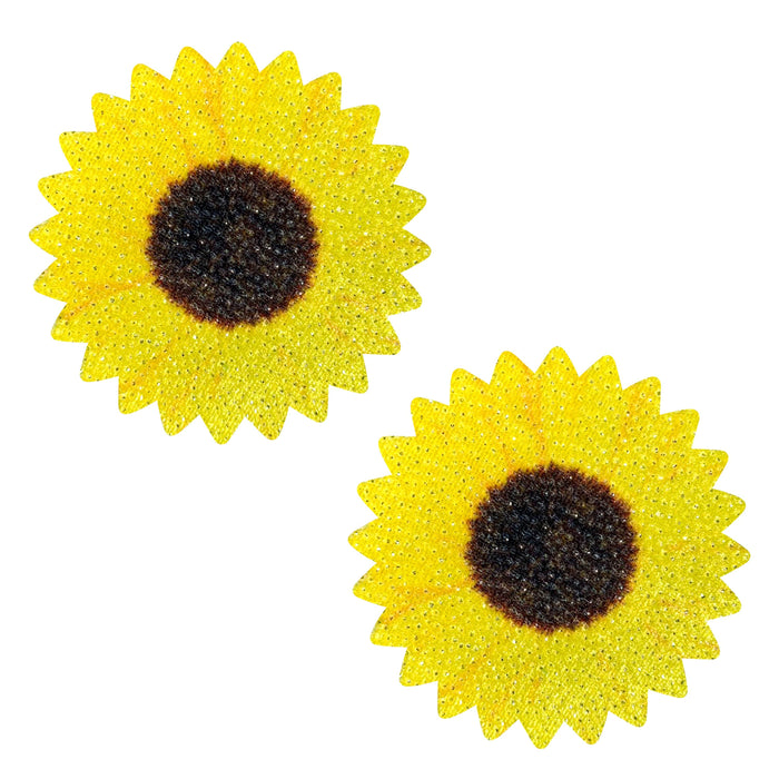 Yellow glitter velvet sunflower nipple pasties, shown on their own