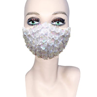 Side angle of the white pearl flower face mask for bridal glam