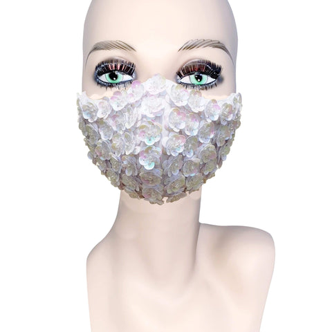 White Pearl Flower Face Masks With Filter Pocket & Adjustable Ear Loops