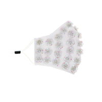 Alternate view of the white pearl flower face mask with ear loops