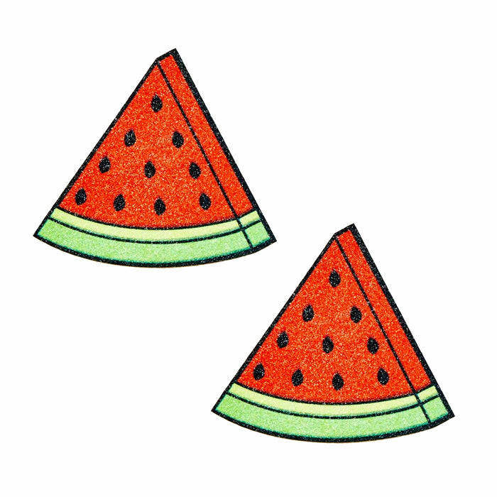 Red glitter watermelon slice nipple pasties shown on a clean background