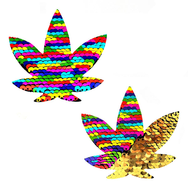 Funfetti Multicolor Rainbow & Gold Sequin Dope AF Weed Leaf Nipple Cover Pasties