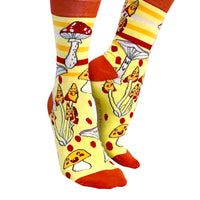Pair of yellow mushroom cotton novelty socks for a trippy chill day