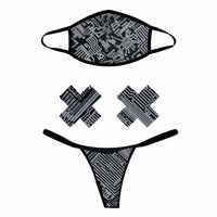 Reflective geometric circuit print face mask, pasties and panties shown together