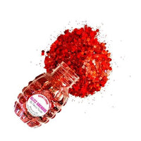 Red glitter and crystal Valentine makeup bundle laid out to show color and finish