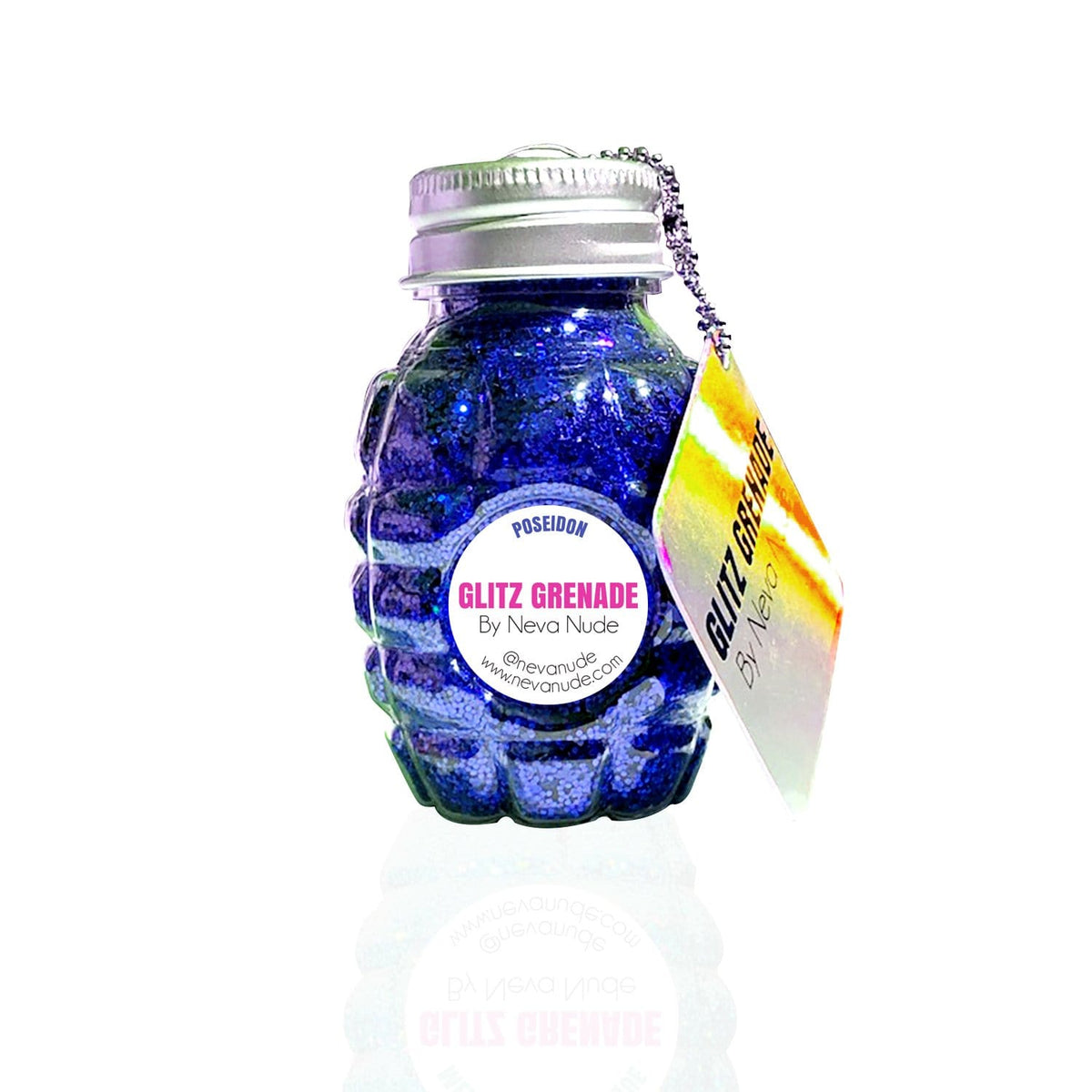 Royal blue chunky cosmetic glitter in aloe gel inside a keychain container