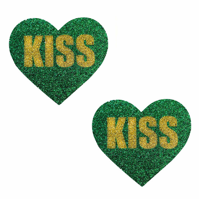 Green and gold glitter heart nipple pasties shown on a clean background