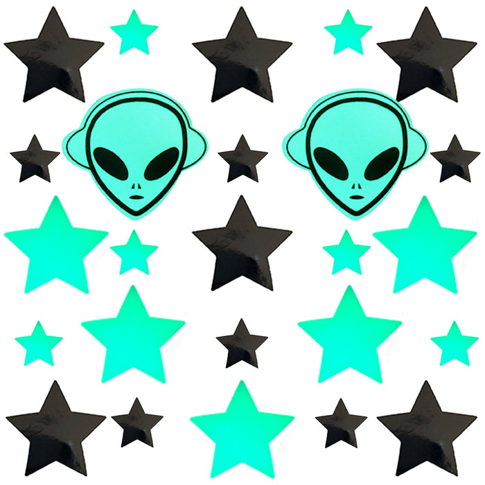 Glow alien and black star nipple sticker crop top with a UFO rave vibe