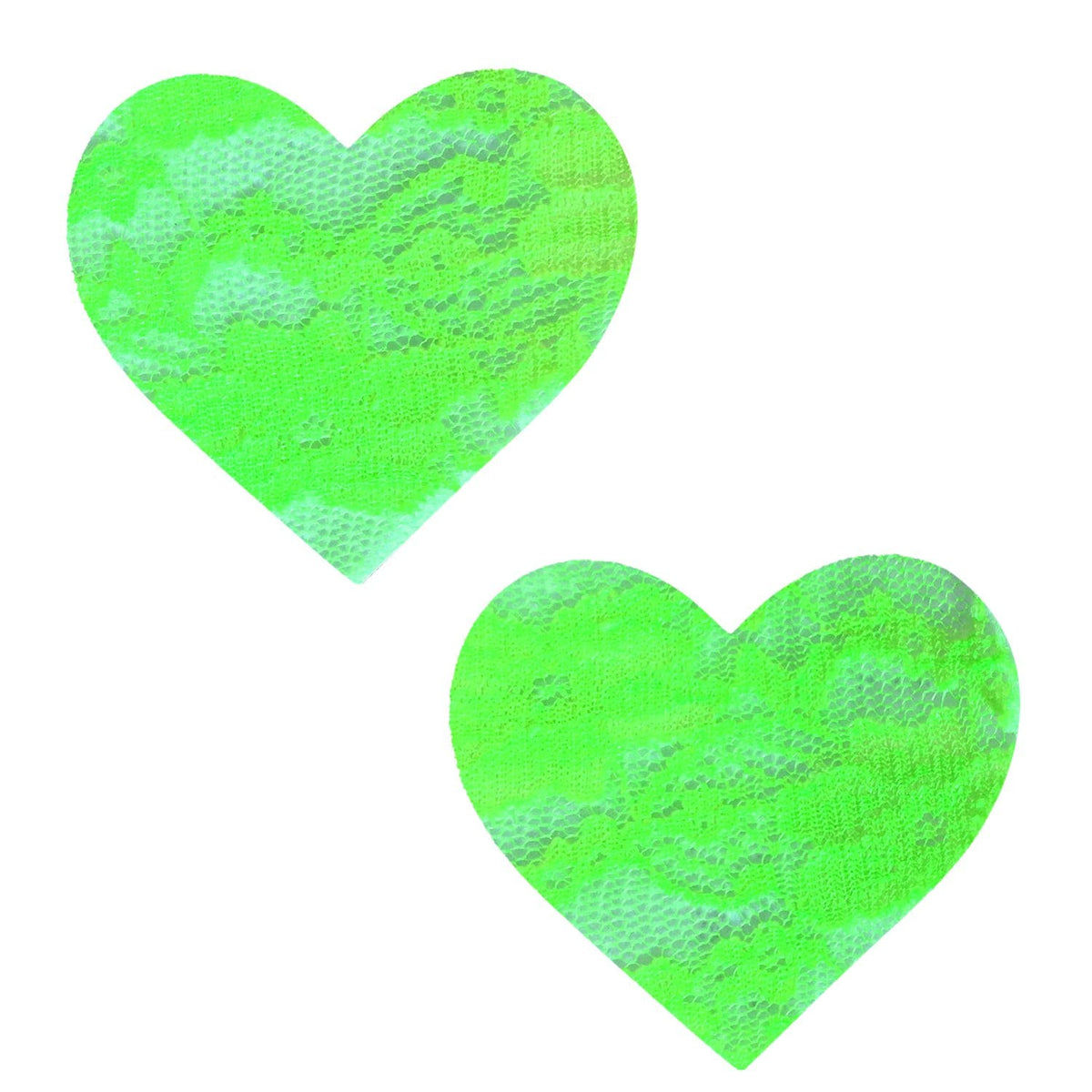 Neon Green Lace Heart Nipple Pasties shown on their own with a sheer lace texture