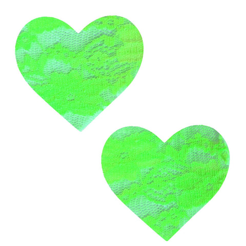 Neon Green Sherbet Lace Blacklight I Heart U Nipple Cover Pasties