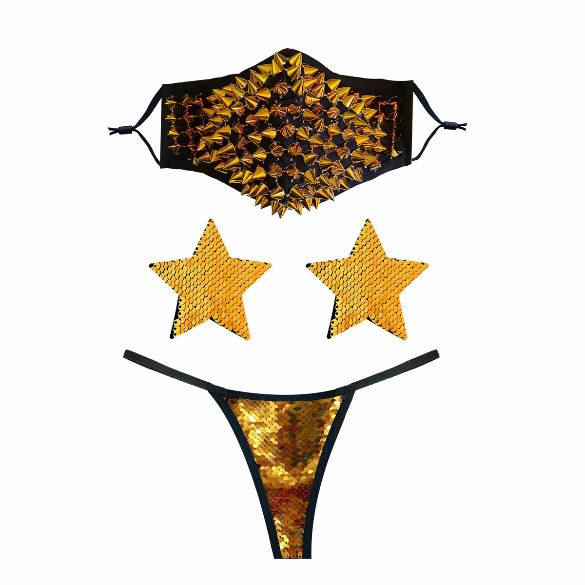 Gold studded face mask with matching pasties and panties, a gilded lingerie set