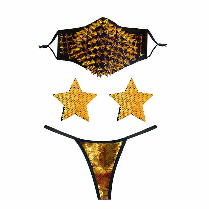 Gold studded face mask with matching pasties and panties, a gilded lingerie set