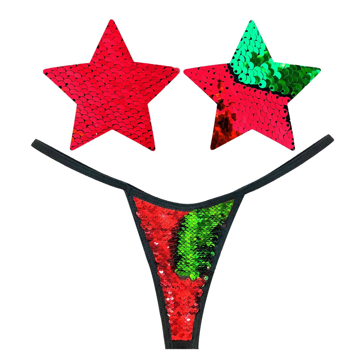 Front view of red flip sequin Santa Christmas gift box with festive lingerie with the full design visible