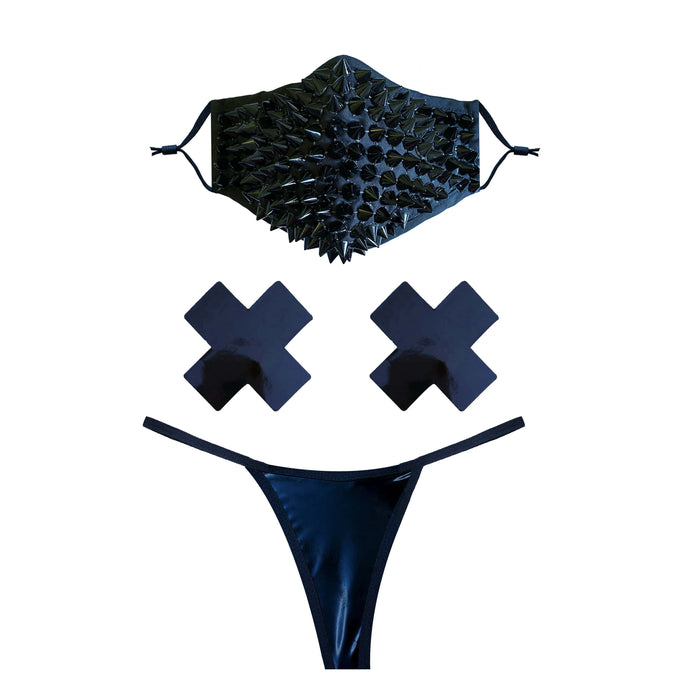 Black studded face mask with matching pasties and panties, a goth lingerie set