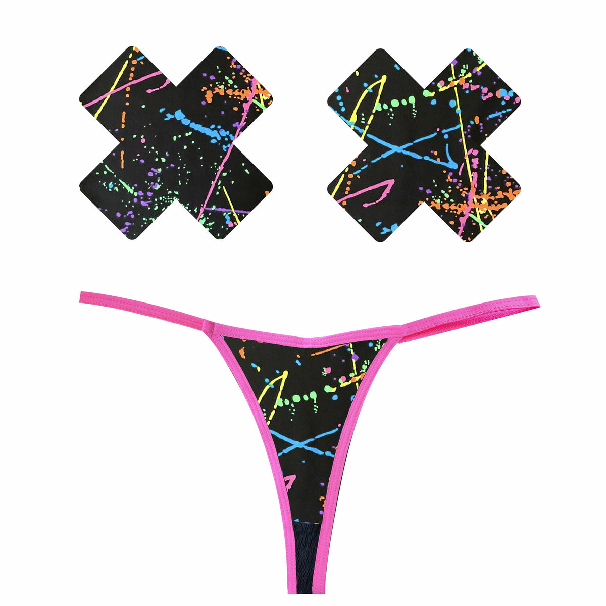 Standalone product shot of the neon pink black graffiti pastie and pantie set