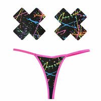 Standalone product shot of the neon pink black graffiti pastie and pantie set