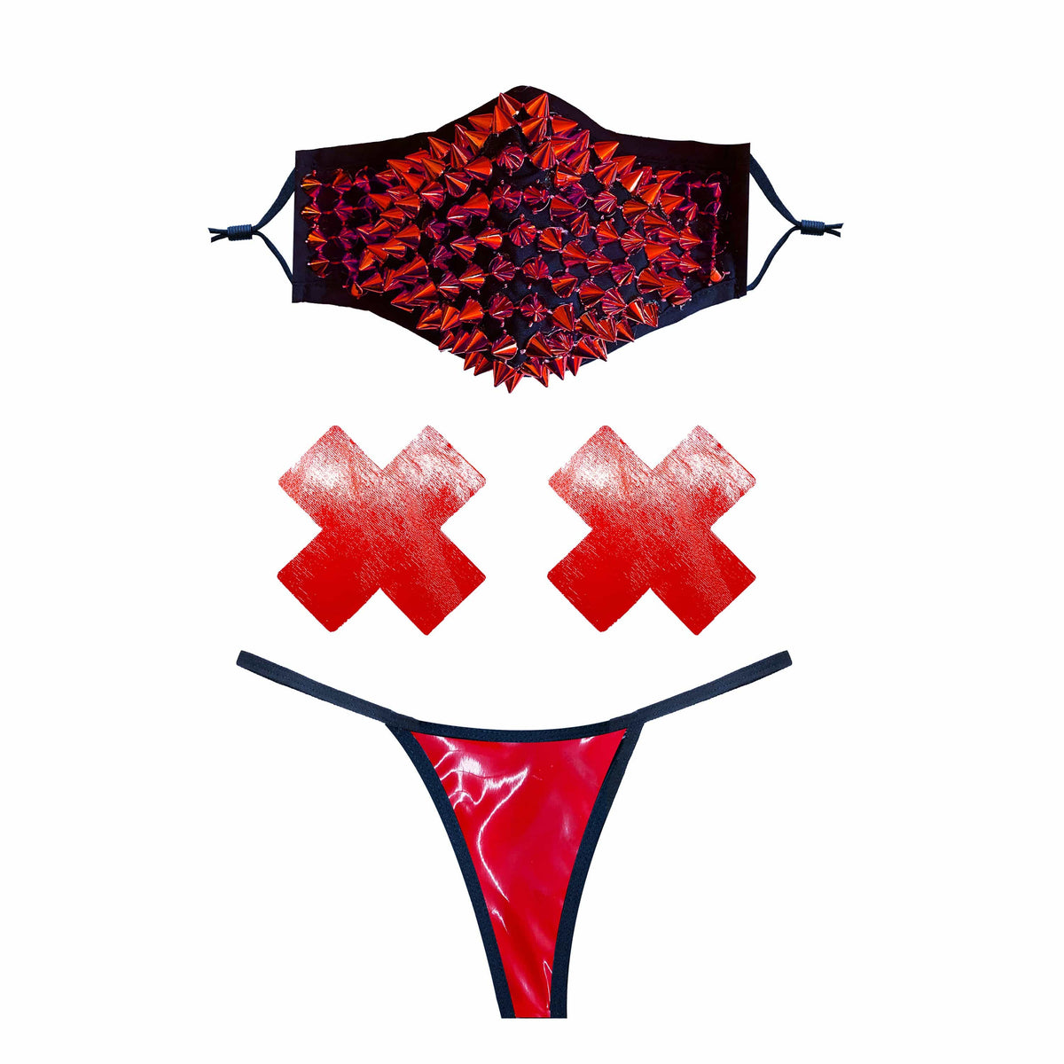 Red studded face mask with matching pasties and panties, a vampire lingerie set