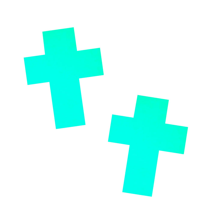 Glow in the dark crucifix nipple pasties shown on a clean background