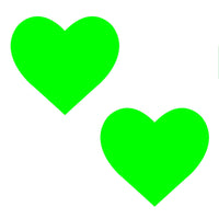 Product shot of the black neon green heat reactive heart nipple pasties showing the full design, color and finish