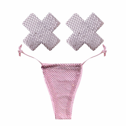 Shiney Hiney Iridescent Pastel Baby Pink Crystal High Waisted Pastie and Pantie Lingerie Set