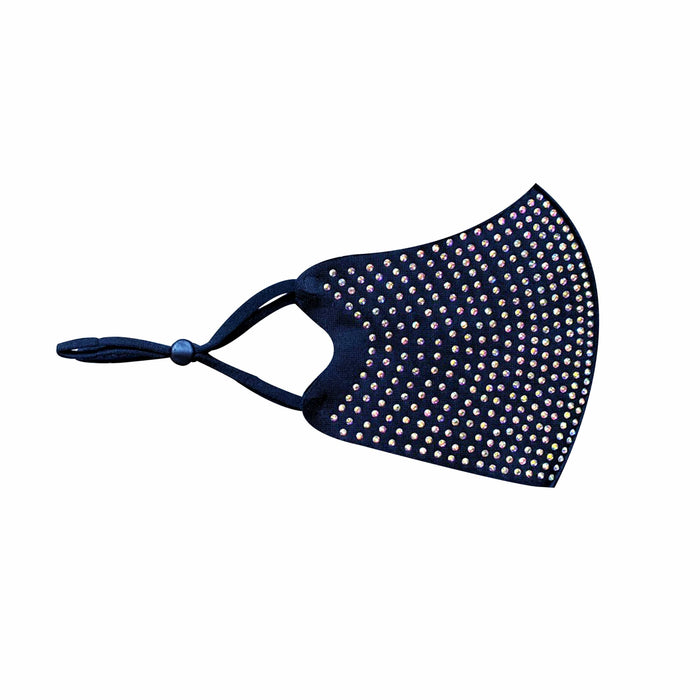 Black crystal face mask with adjustable loops and a dark glam sparkle