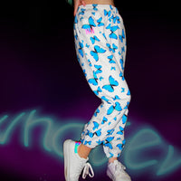 Model wearing the blue and white butterfly jogger sweatpants