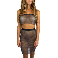 Model showing off the black sparkle mesh jewel top from a side angle