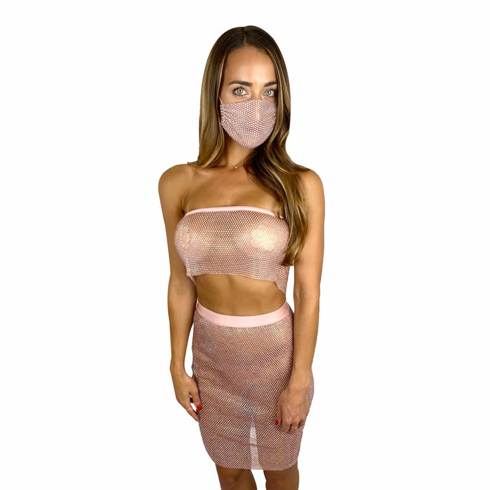 Model wearing the rose gold pink crystal mesh jewel skirt for champagne glam