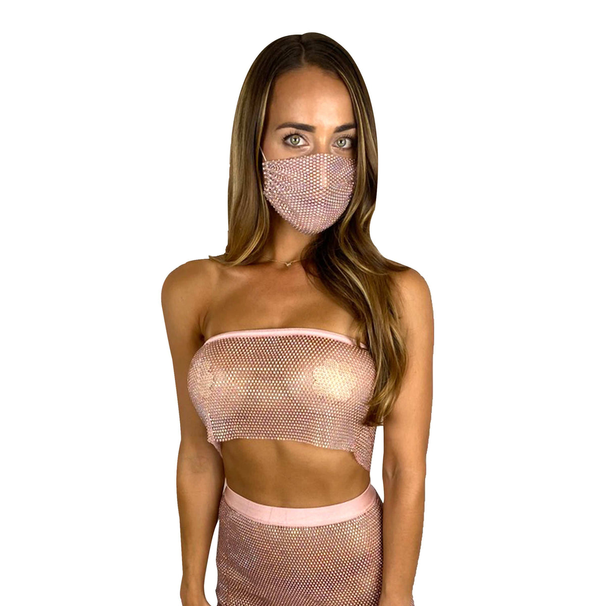 Model wearing the rose gold pink crystal mesh jewel bra top for champagne glam